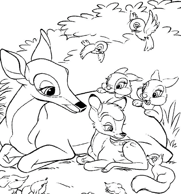 Print Bambi, moeder, en vriendjes kleurplaat