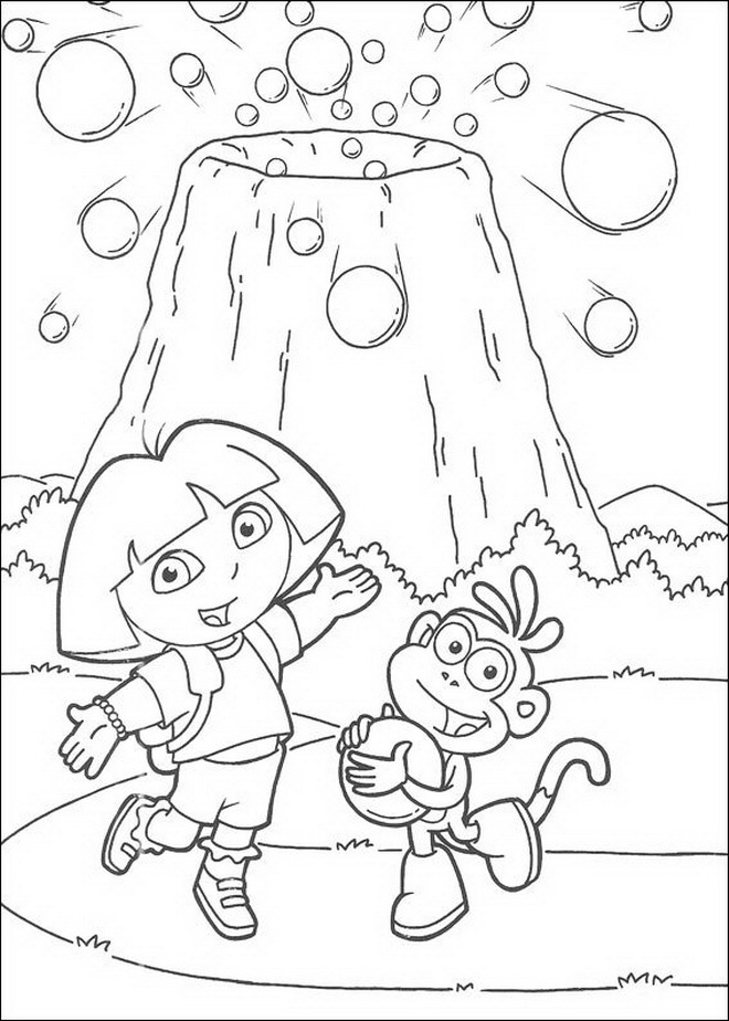Print Dora en Boots bij de vulkaan kleurplaat
