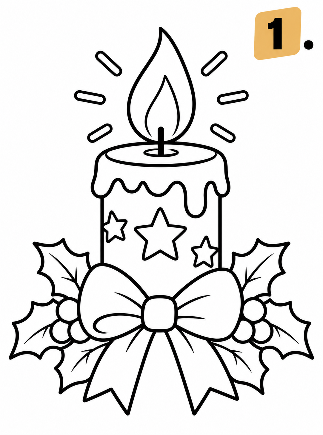 1 Feestelijke kerstkaars met hulst en strik, kleurplaat van Advent - 24 dagen kleuren tot Kerstmis