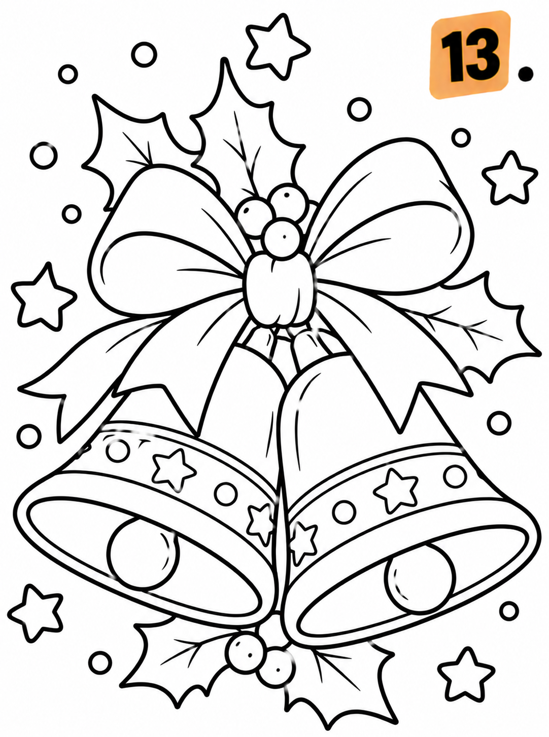 13 Kerstklokken met hulst en strik, kleurplaat van Advent - 24 dagen kleuren tot Kerstmis