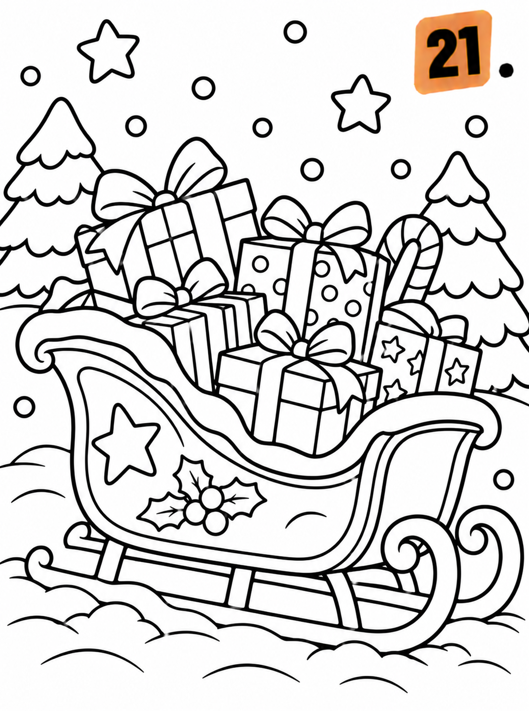 21 Feestelijke slee vol cadeaus, kleurplaat van Advent - 24 dagen kleuren tot Kerstmis