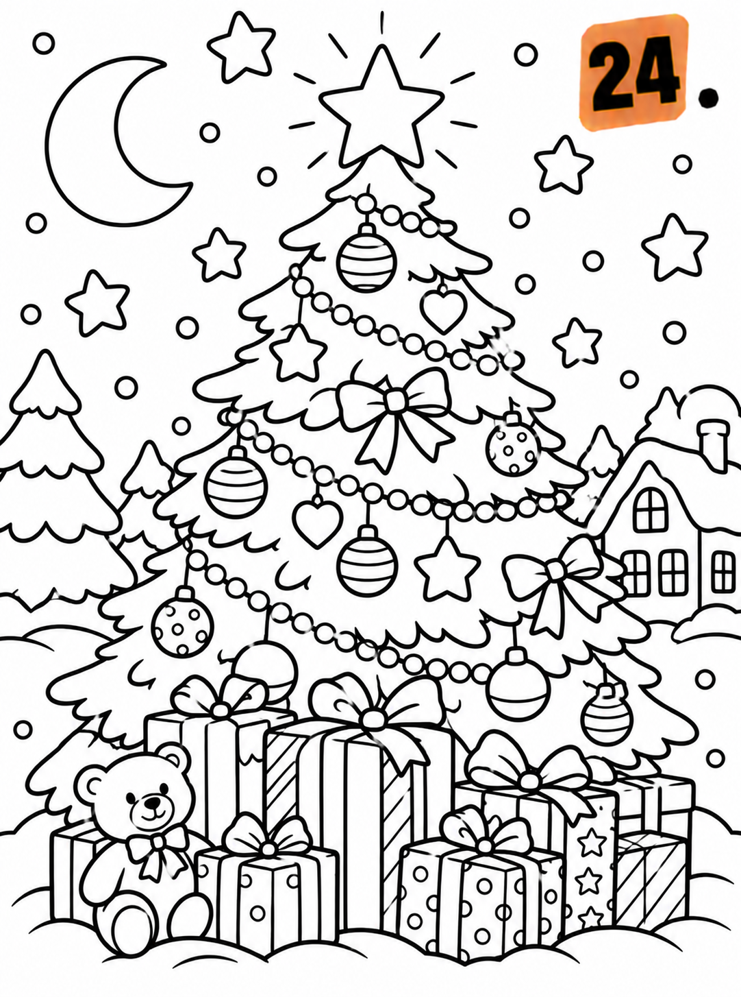 24 Kerstnacht kerstboom vol cadeautjes, kleurplaat van Advent - 24 dagen kleuren tot Kerstmis