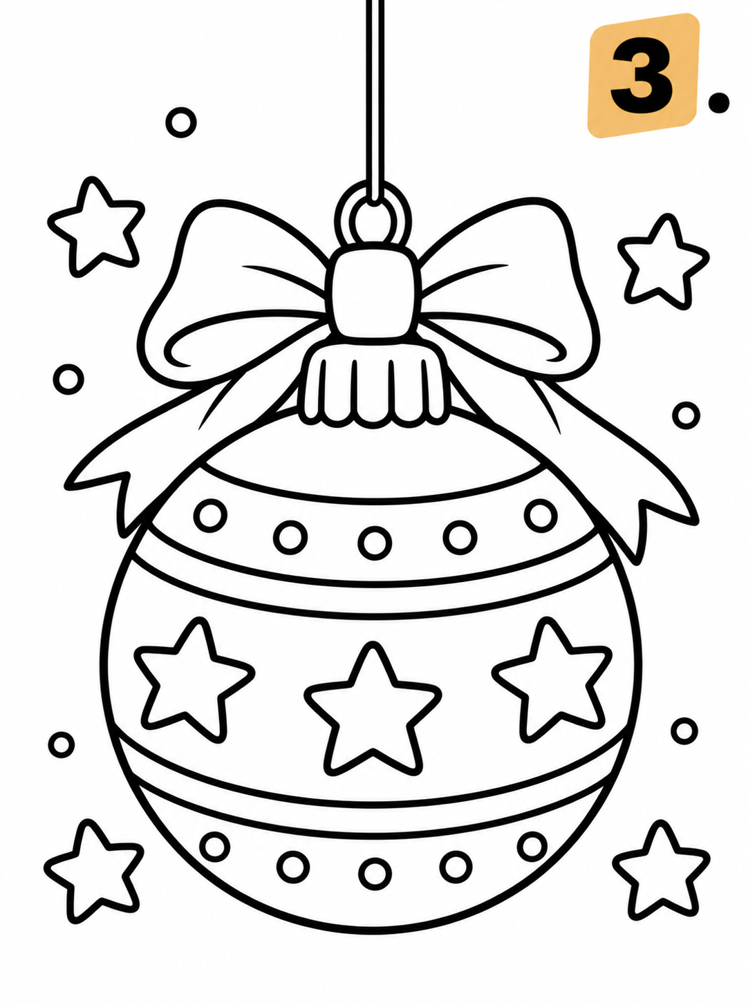 3 Kerstbal met strik en sterren, kleurplaat van Advent - 24 dagen kleuren tot Kerstmis