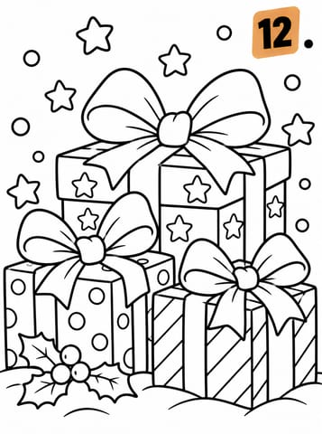 12 Feestelijke cadeautjes onder de sterren, kleurplaat van Advent - 24 dagen kleuren tot Kerstmis