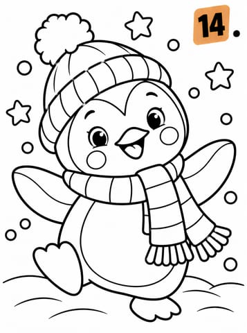 14 Vrolijke winterpinguïn in de sneeuw, kleurplaat van Advent - 24 dagen kleuren tot Kerstmis