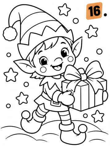 16 Vrolijke elf met cadeau, kleurplaat van Advent - 24 dagen kleuren tot Kerstmis