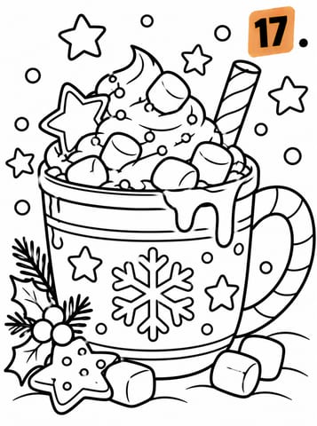 17 Feestelijke chocolademok met marshmallows, kleurplaat van Advent - 24 dagen kleuren tot Kerstmis