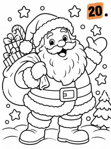 20 Vrolijke kerstman met cadeauzak en bomen, kleurplaat van Advent - 24 dagen kleuren tot Kerstmis