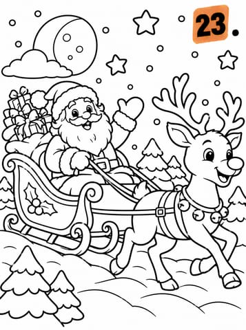 23 Kerstman en rendier, kleurplaat van Advent - 24 dagen kleuren tot Kerstmis