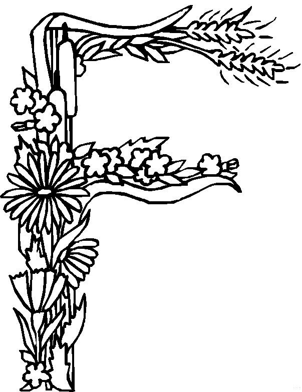 F, kleurplaat van Alfabet bloemen