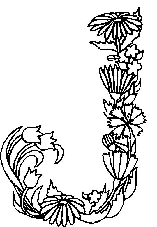 J, kleurplaat van Alfabet bloemen