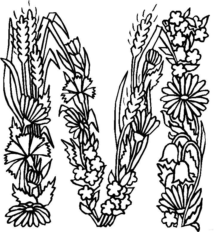 M, kleurplaat van Alfabet bloemen