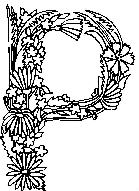 P, kleurplaat van Alfabet bloemen