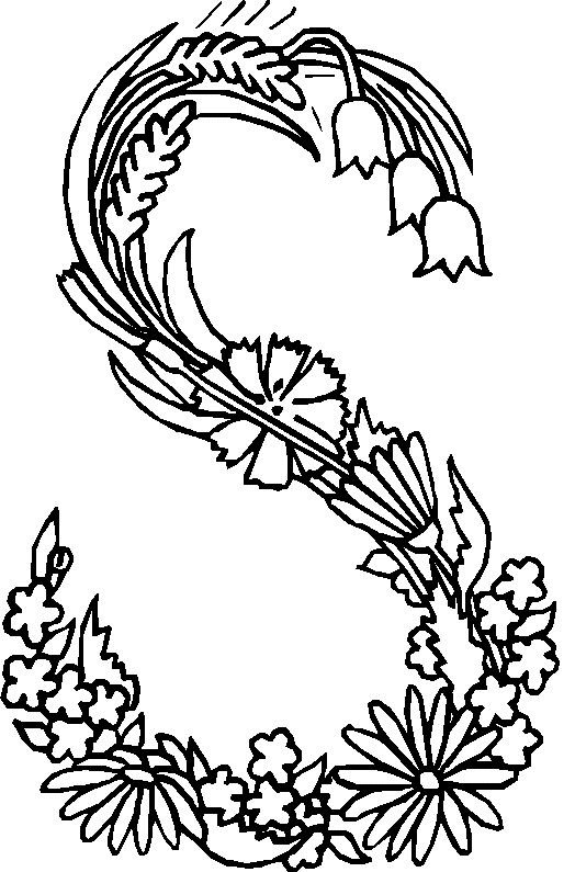 S, kleurplaat van Alfabet bloemen