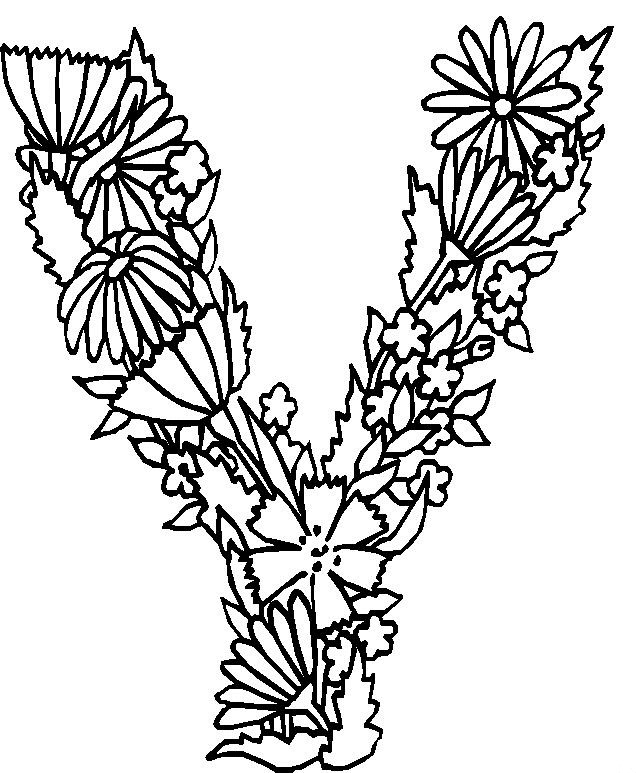 V, kleurplaat van Alfabet bloemen