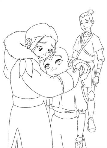 Aang, Katara en Sokka, kleurplaat van Avatar