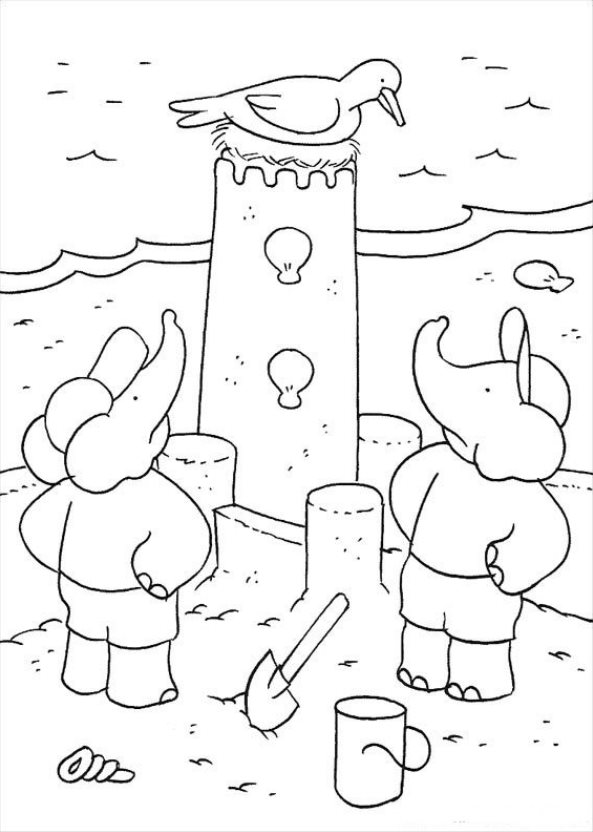 Print Babar maakt zandkasteel kleurplaat