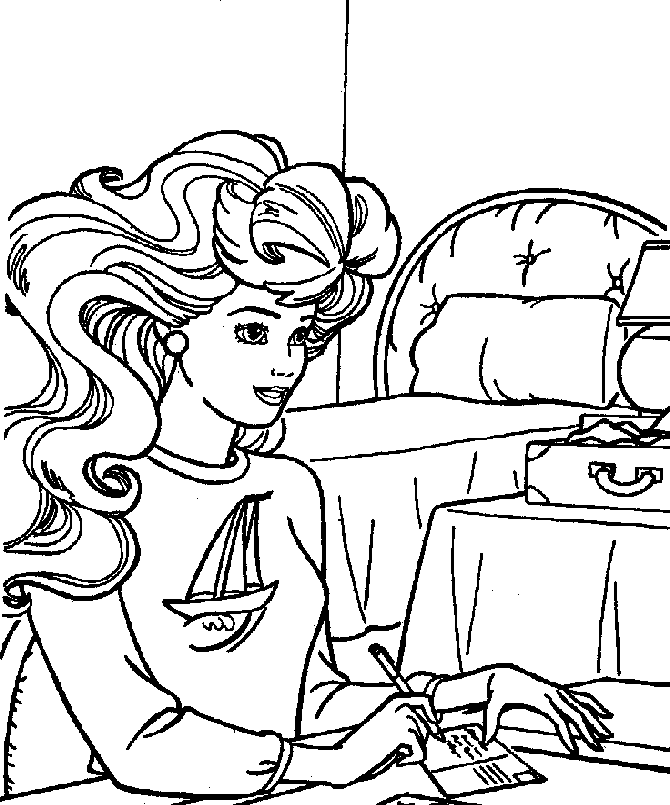 Print Barbie schrijft kaart kleurplaat
