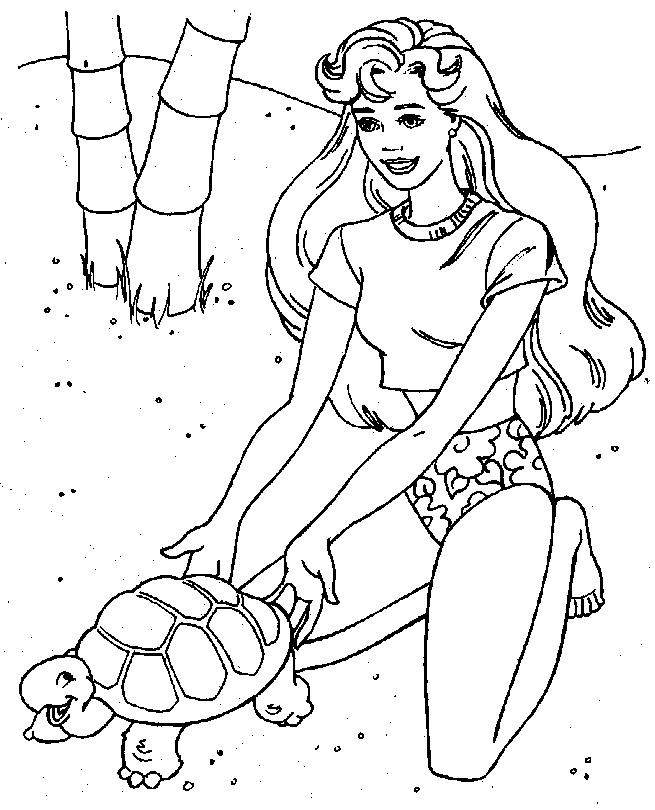 Print Barbie met schildpad kleurplaat