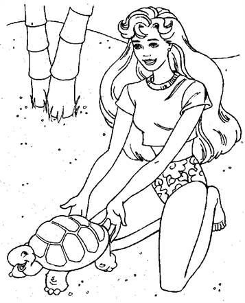 Barbie met schildpad, kleurplaat van Barbie
