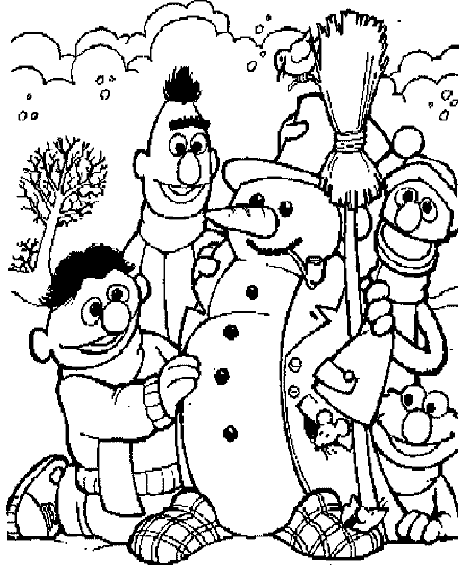 Print Bert en Ernie maken sneeuwpop kleurplaat