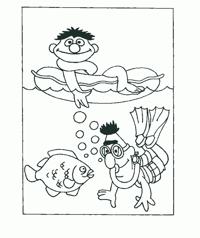 Print Bert en Ernie aan het zwemmen kleurplaat