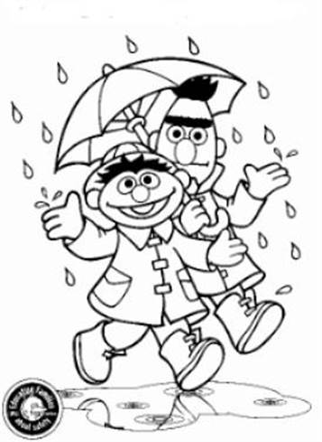 Bert en Ernie, in de regen, kleurplaat van Sesamstraat Bert en Ernie