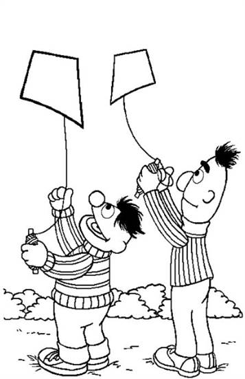 Bert en Ernie aan het vliegeren, kleurplaat van Sesamstraat Bert en Ernie
