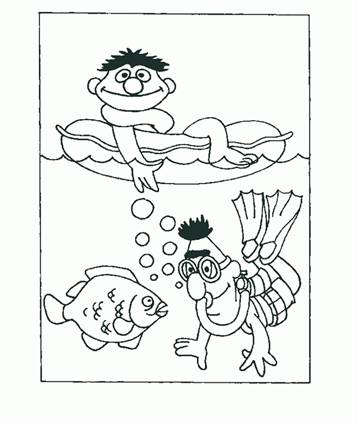 Bert en Ernie aan het zwemmen, kleurplaat van Sesamstraat Bert en Ernie