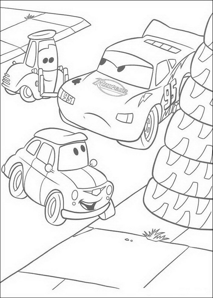 Bliksem, Guido en Luigi, kleurplaat van Cars (Pixar)