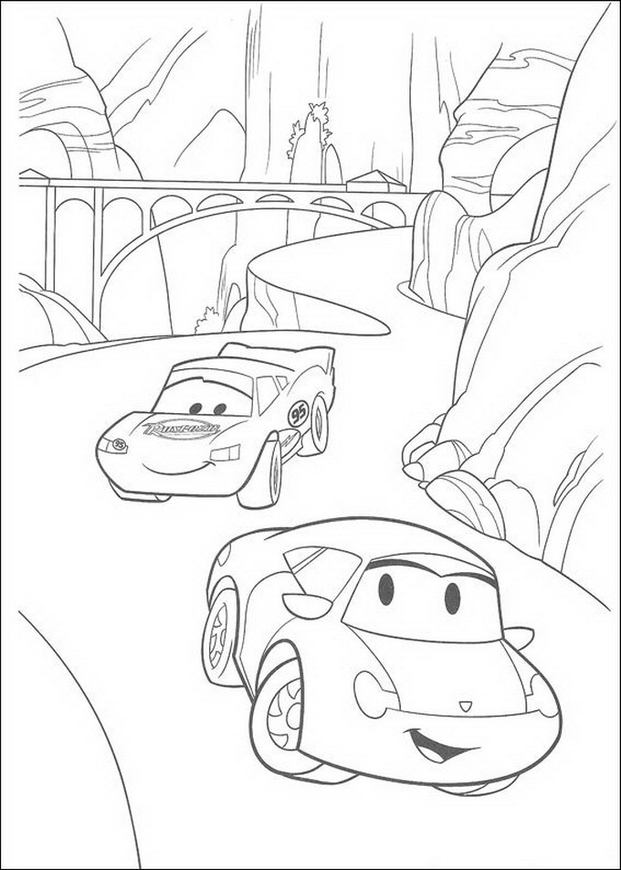 Sally en Bliksem maken gezellig ritje, kleurplaat van Cars (Pixar)