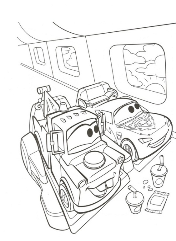 Takel en Bliksem in het vliegtuig, kleurplaat van Cars 2