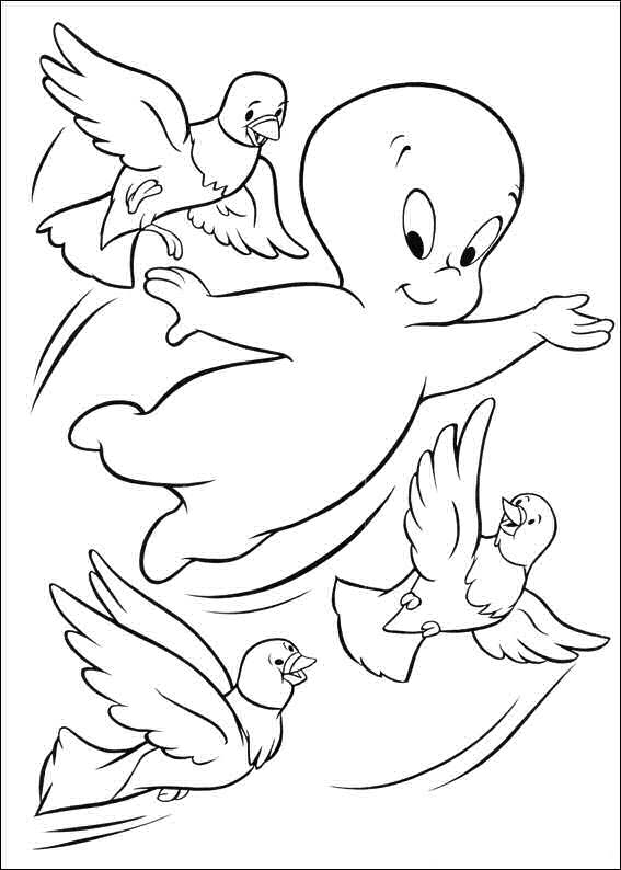 Casper vliegt met duiven, kleurplaat van Casper het vriendelijke spookje