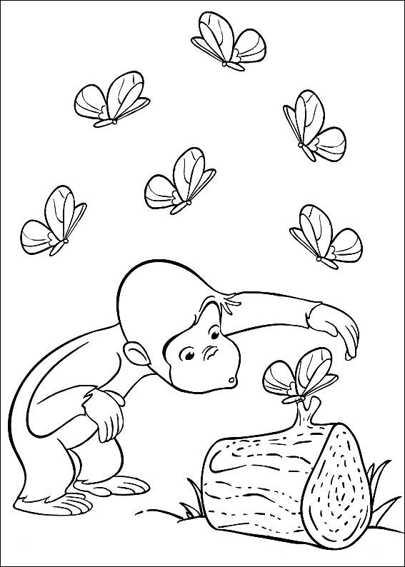 Curious George ziet vlinders, kleurplaat van Curious George
