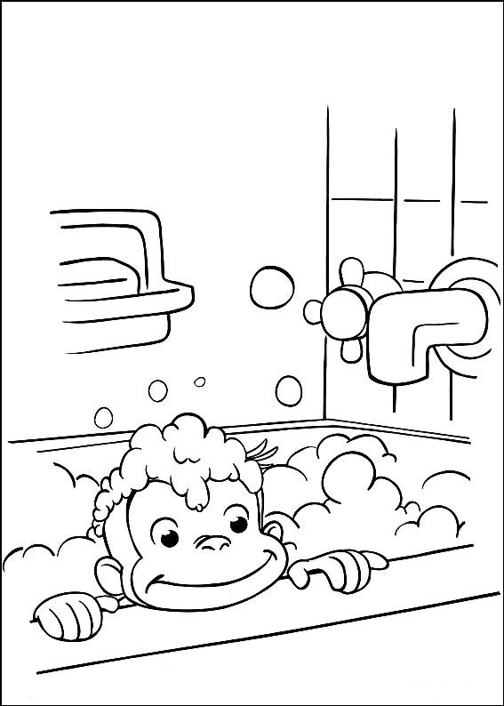 Curious George in het bad, kleurplaat van Curious George