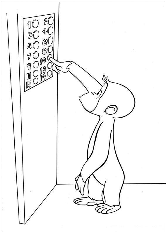 Curious George in de lift, kleurplaat van Curious George