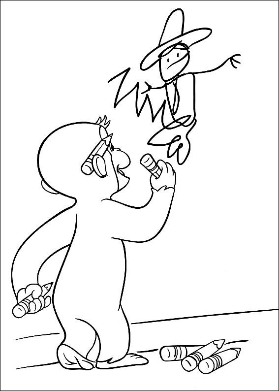 Curious George tekent op de muur, kleurplaat van Curious George