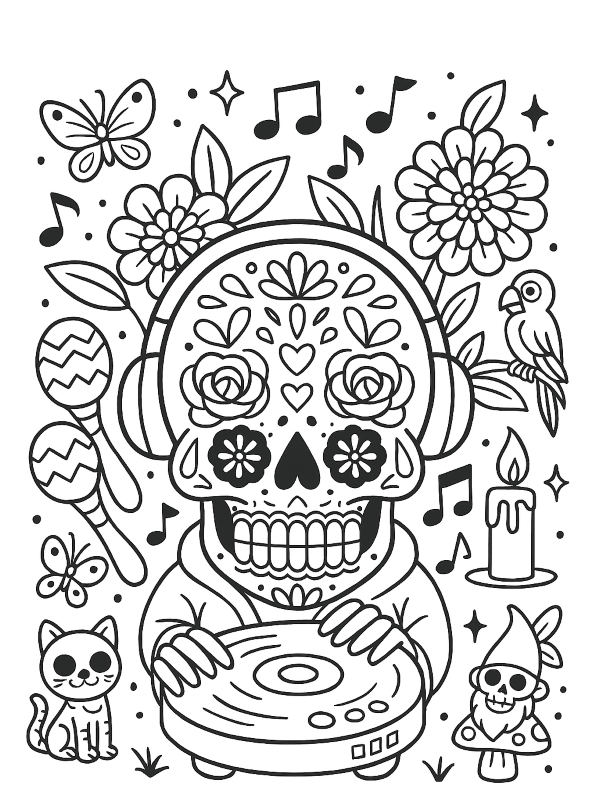 dias los muertos DJ, kleurplaat van Día de los Muertos