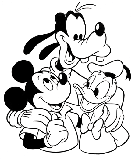 Print Donald, Mickey en Goofy kleurplaat