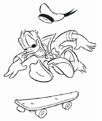 Donald op skateboard, kleurplaat van Donald Duck