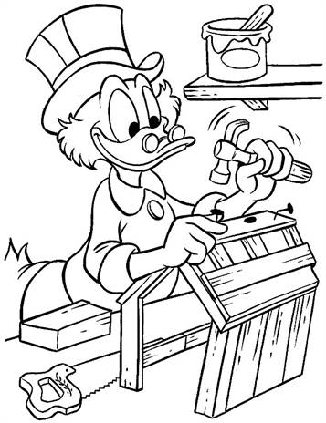 Dagobert timmert huisje, kleurplaat van Donald Duck