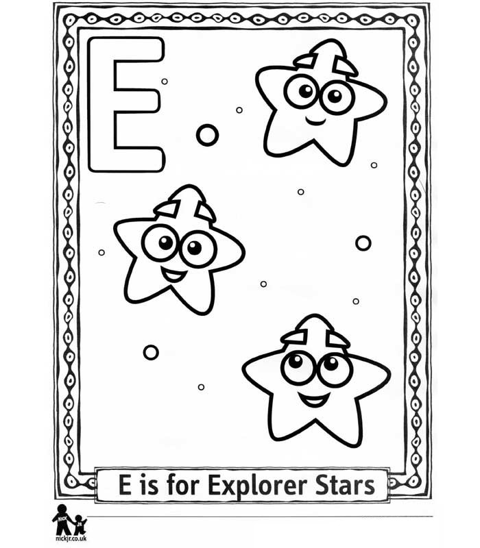 E Explore = Verkennen, kleurplaat van Dora's Alfabet