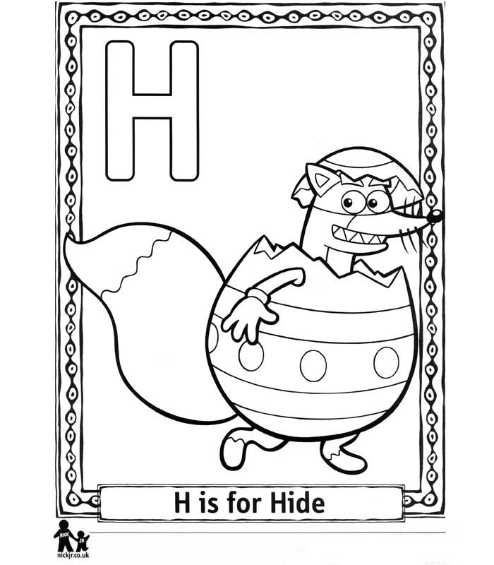 H Hide = Verstoppen, kleurplaat van Dora's Alfabet