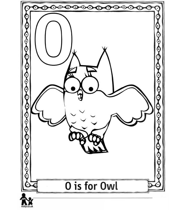 O Owl = Uil, kleurplaat van Dora's Alfabet