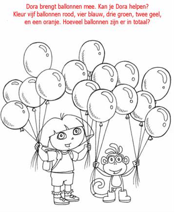 Kleur de ballonnen, kleurplaat van Dora tellen en kleuren