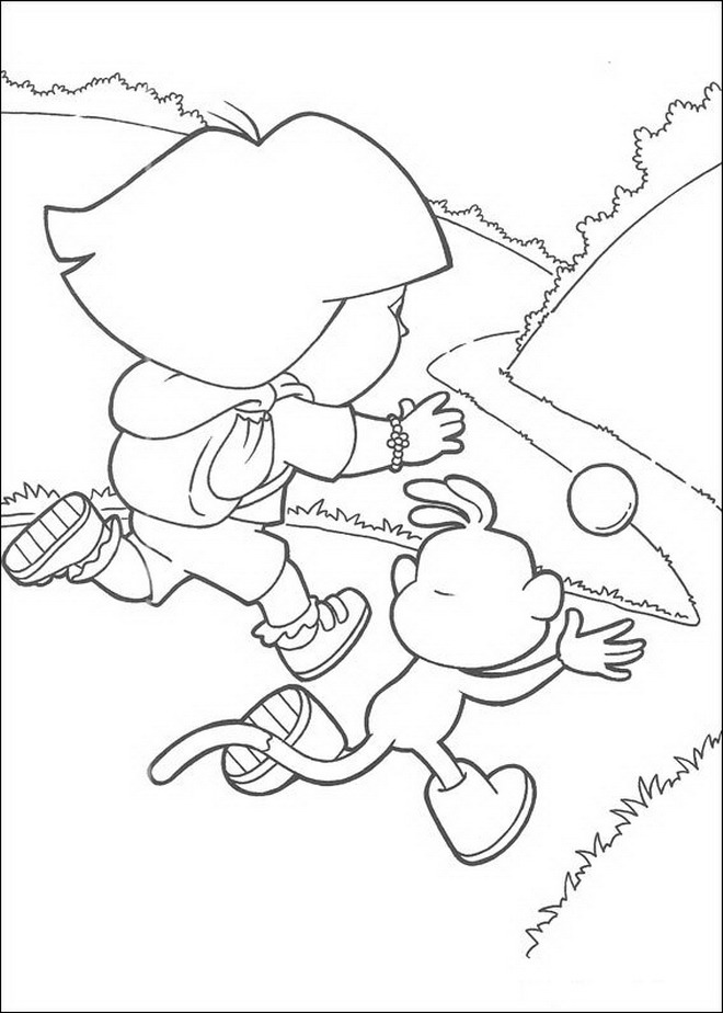 Print Dora en Boots rennen achter bal kleurplaat