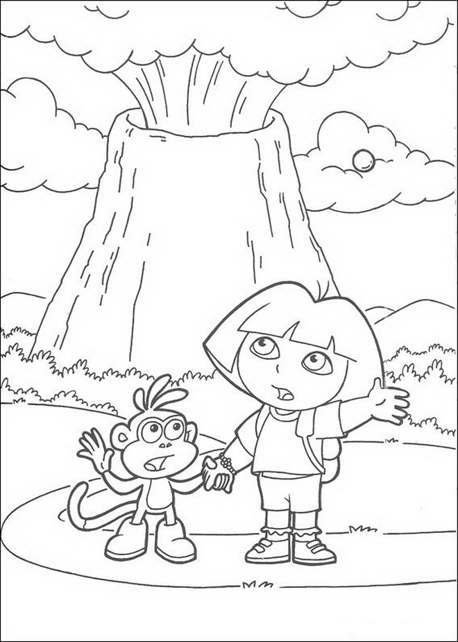 Print Dora en Boots bij de vulkaan kleurplaat