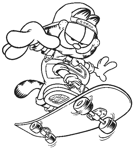 Print Garfield aan het skateboarden kleurplaat