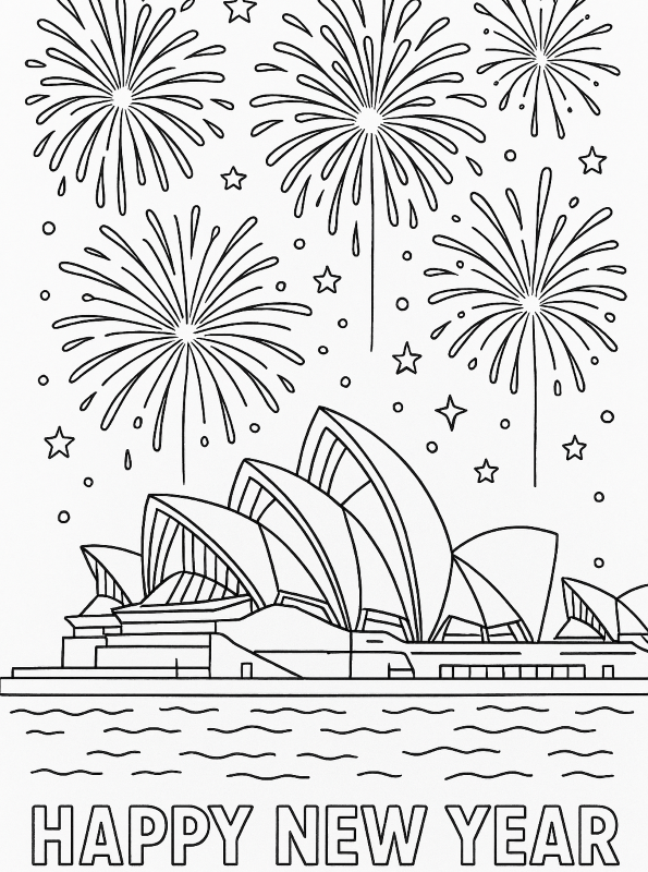 Happy new year Sydney, kleurplaat van Gelukkig 2026
