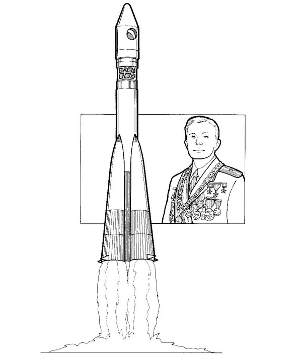 Yuri Gagarin, eertse man in de ruimte, 1961, kleurplaat van Ruimtevaart geschiedenis